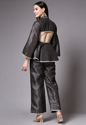Digital Printed Art Silk Co Ord Set in Dark Grey