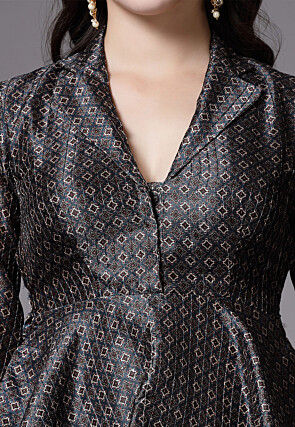 Digital Printed Art Silk Co Ord Set in Dark Grey