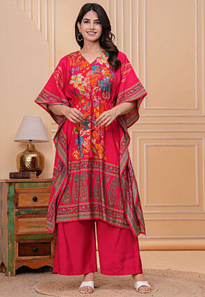 Digital Printed Art Silk Co Ord Set in Fuchsia