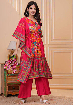 Digital Printed Art Silk Co Ord Set in Fuchsia