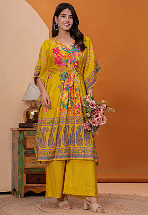Digital Printed Art Silk Co Ord Set in Mustard
