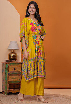 Digital Printed Art Silk Co Ord Set in Mustard