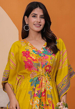 Digital Printed Art Silk Co Ord Set in Mustard