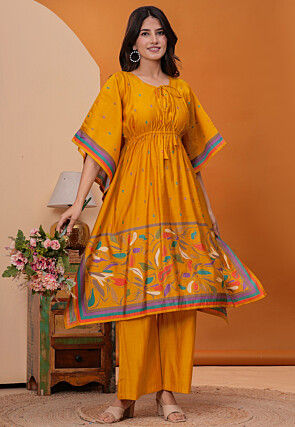 Digital Printed Art Silk Co Ord Set in Mustard