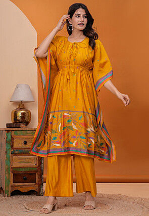 Digital Printed Art Silk Co Ord Set in Mustard