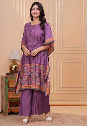 Digital Printed Art Silk Co Ord Set in Purple