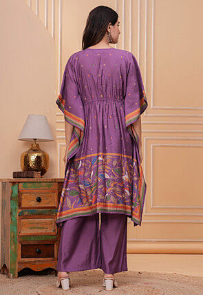 Digital Printed Art Silk Co Ord Set in Purple