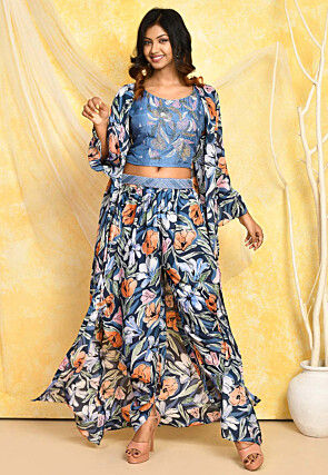 Digital Printed Art Silk Crop Top Set in Blue