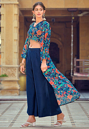 Digital Printed Art Silk Crop Top Set in Blue