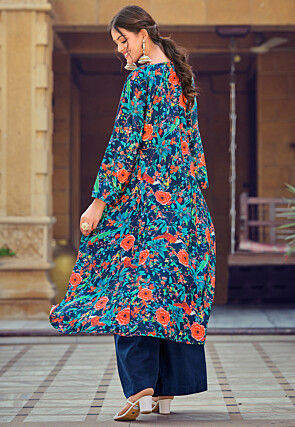 Digital Printed Art Silk Crop Top Set in Blue