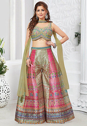 Digital Printed Art Silk Crop Top Set in Dusty Green