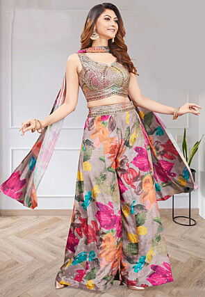Digital Printed Art Silk Crop Top Set in Grey