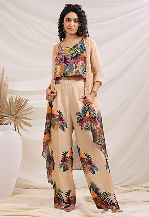 Digital Printed Art Silk Crop Top Set in Multicolor