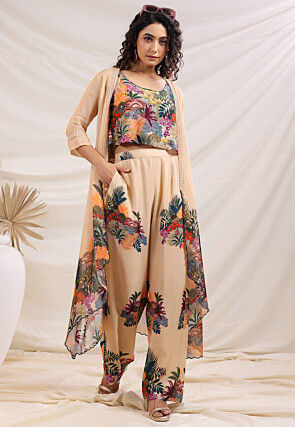 Digital Printed Art Silk Crop Top Set in Multicolor