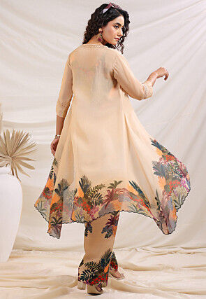 Digital Printed Art Silk Crop Top Set in Multicolor