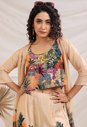 Digital Printed Art Silk Crop Top Set in Multicolor