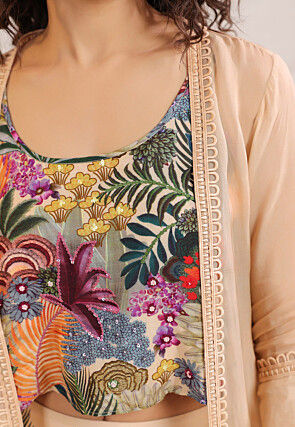 Digital Printed Art Silk Crop Top Set in Multicolor