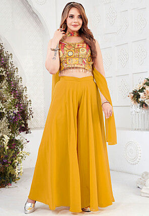 Digital Printed Art Silk Crop Top Set in Mustard