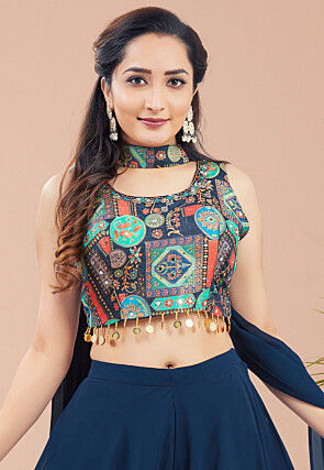 Digital Printed Art Silk Crop Top Set in Navy Blue