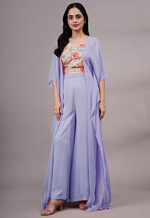 Digital Printed Art Silk Crop Top Set in Peach
