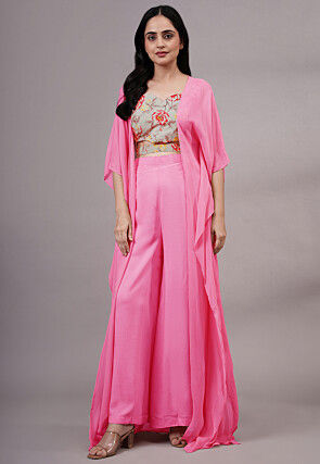 Digital Printed Art Silk Crop Top Set in Peach