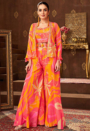 Digital Printed Art Silk Crop Top Set in Pink and Yellow