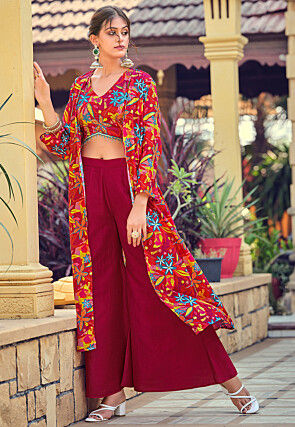Digital Printed Art Silk Crop Top Set in Red