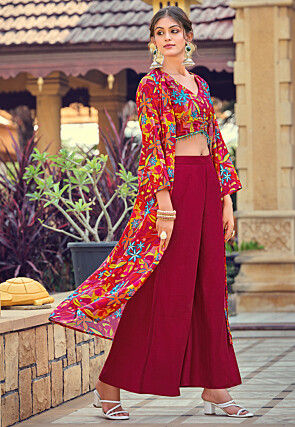 Digital Printed Art Silk Crop Top Set in Red