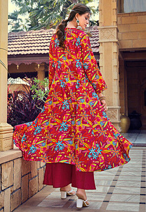 Digital Printed Art Silk Crop Top Set in Red