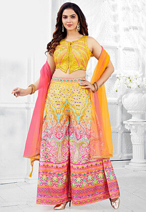 Digital Printed Art Silk Crop Top Set in Yellow