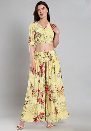 Digital Printed Art Silk Crop Top Set in Yellow