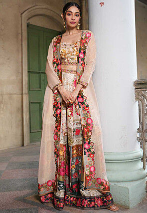 Digital Printed Art Silk Crop Top Set with Jacket in Beige