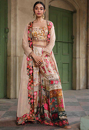 Digital Printed Art Silk Crop Top Set with Jacket in Beige