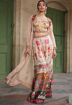 Digital Printed Art Silk Crop Top Set with Jacket in Beige