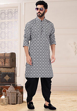 Digital Printed Art Silk Dhoti Kurta in Black and White
