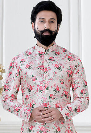 Digital Printed Art Silk Dhoti Kurta in Pink