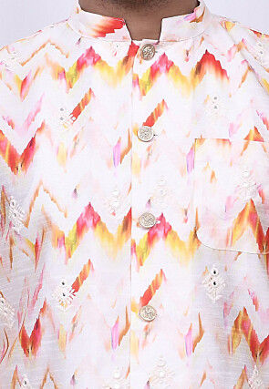Digital Printed Art Silk Dhoti Sherwani in Off White and Multicolor