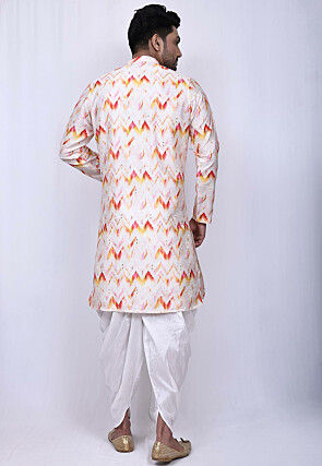 Digital Printed Art Silk Dhoti Sherwani in Off White and Multicolor