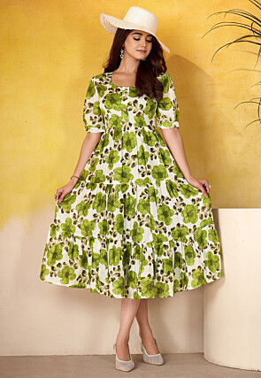 Digital Printed Art Silk Dress in Off White