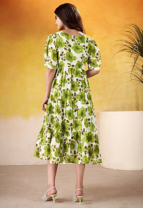 Digital Printed Art Silk Dress in Off White