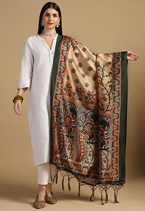 Digital Printed Art Silk Dupatta in Beige