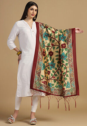 Digital Printed Art Silk Dupatta in Beige