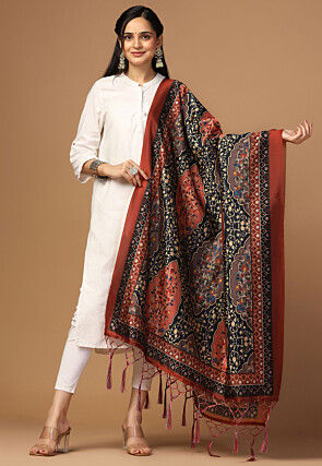 Digital Printed Art Silk Dupatta in Black