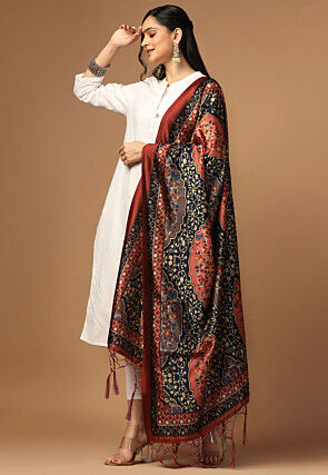 Digital Printed Art Silk Dupatta in Black