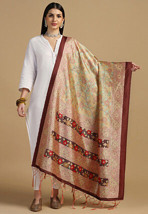 Digital Printed Art Silk Dupatta in Light Yellow