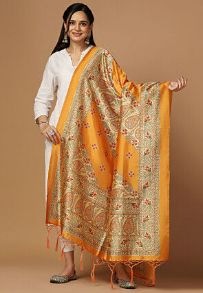 Digital Printed Art Silk Dupatta in Mustard