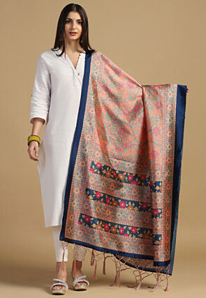 Digital Printed Art Silk Dupatta in Peach