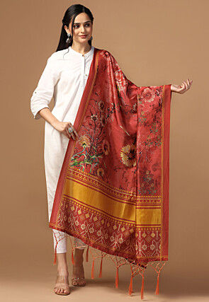 Digital Printed Art Silk Dupatta in Red
