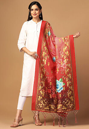 Digital Printed Art Silk Dupatta in Red
