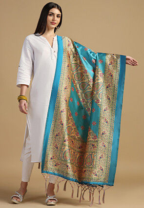 Digital Printed Art Silk Dupatta in Sky Blue and Beige